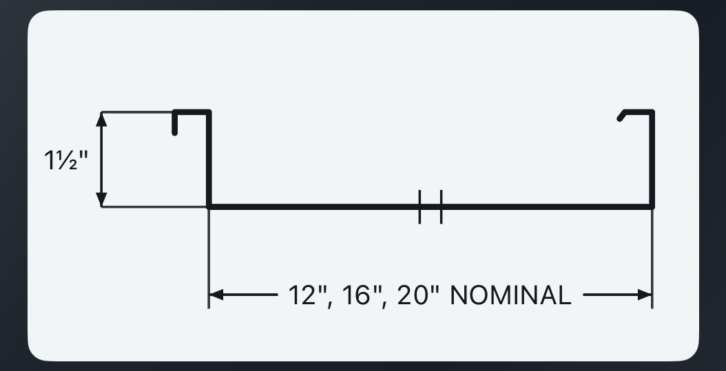 DMC150SS panel profile diagram — 1½ inch seam height, 12, 16, 20 inch nominal widths