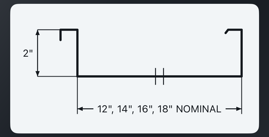DMC200S panel profile diagram — 2 inch seam height, 12, 14, 16, 18 inch nominal widths