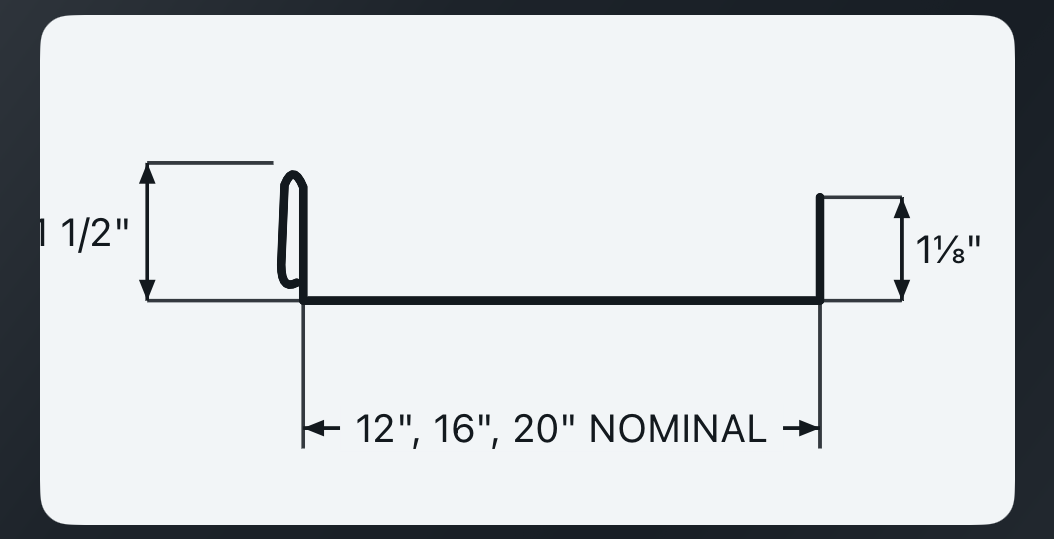 DMC450 panel profile diagram — 1½ inch seam height, 12, 16, 20 inch nominal widths